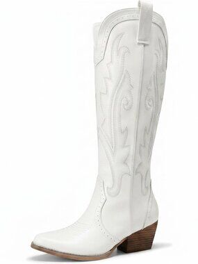 Women,s White Faux leather Cowgirl Knee High Boots Retro Tall with Side Zipper